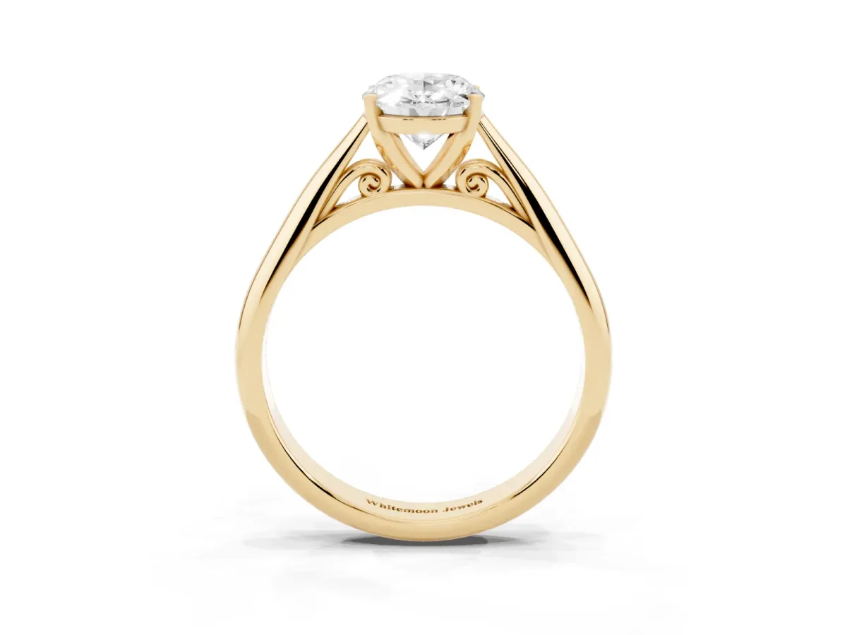 Oval Cut Diamond Solitaire Engagement Ring with Cathedral Setting and Four-Prong Mount Yellow gold