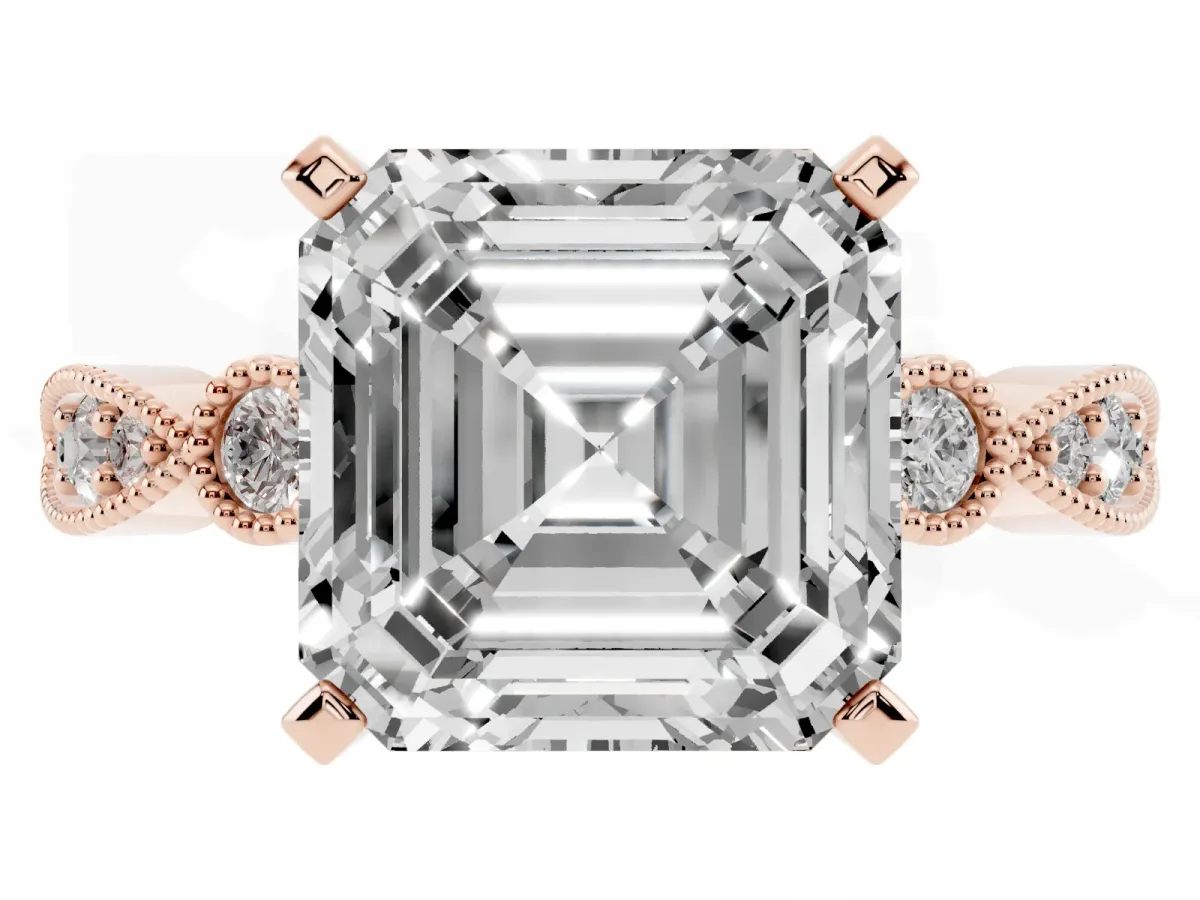 Asscher Cut Milgrain Bezel Diamond Engagement Ring with Solitaire Prong Setting Rose gold
