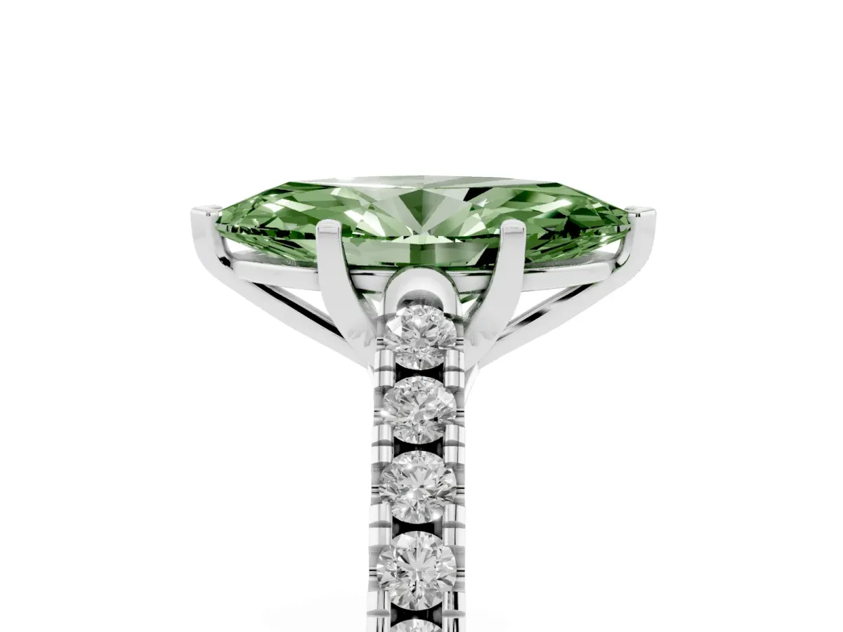 Fancy Green Marquise Cut Diamond Pavé Band Solitaire Ring with Prong Setting Silver
