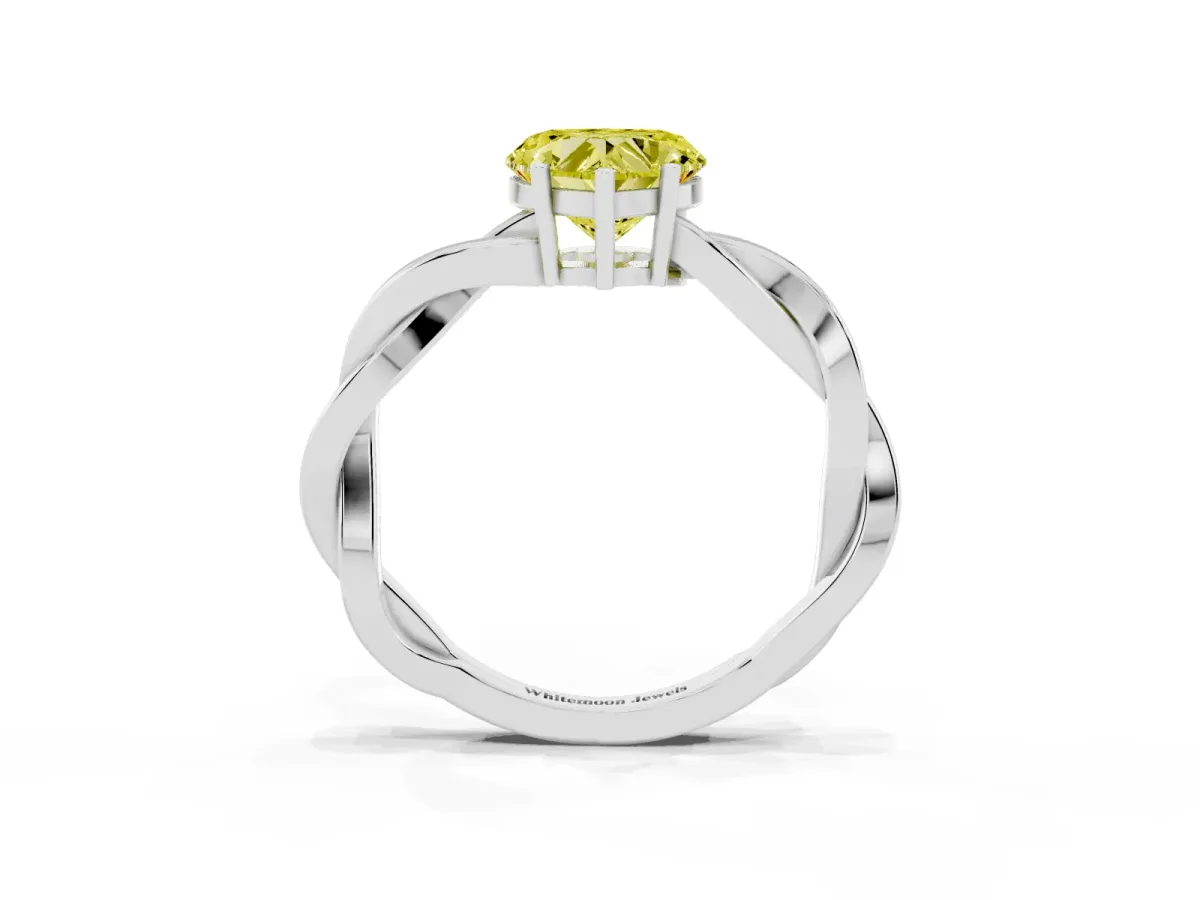 Fancy Yellow Heart Cut Solitaire Twisted Pave Diamond Ring with Four-Prong Setting White gold