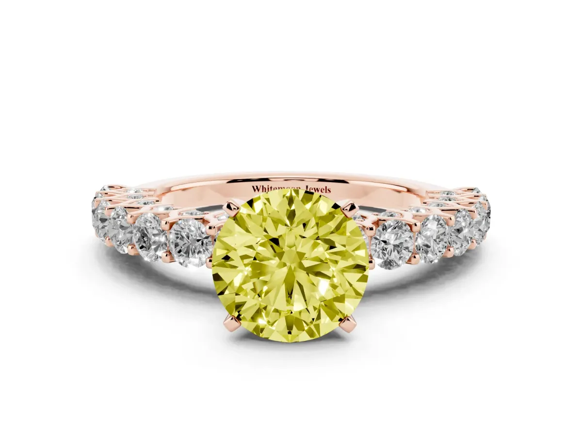 Fancy Yellow Round Cut Diamond Solitaire Ring with Shared Prong Pavé Band and Four-Prong Setting Rose gold