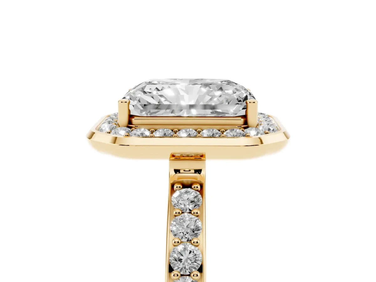 Radiant Cut Diamond Halo Ring with Bezel Frame and Pavé Band Yellow gold