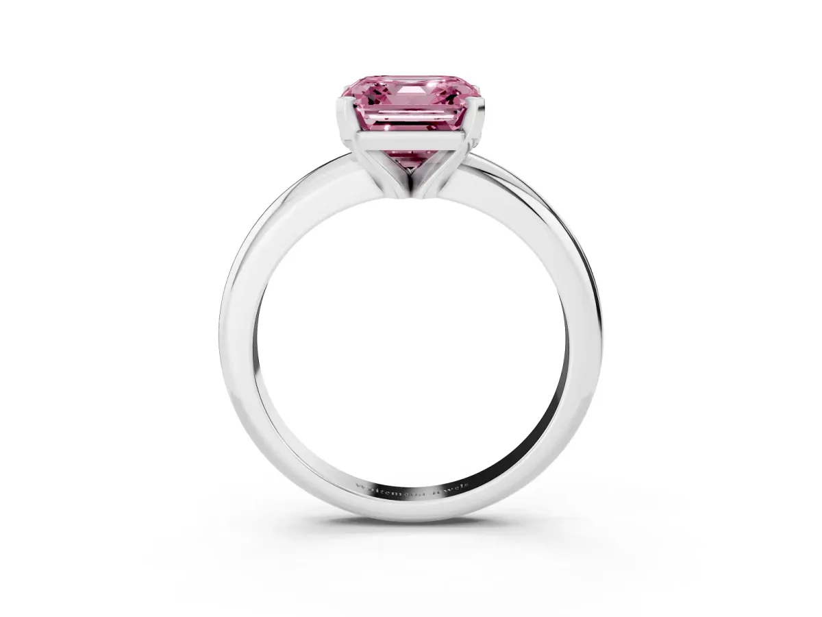 Fancy Pink Asscher Cut Diamond Solitaire Engagement Ring with Round Band and Four-Prong Setting Platinum