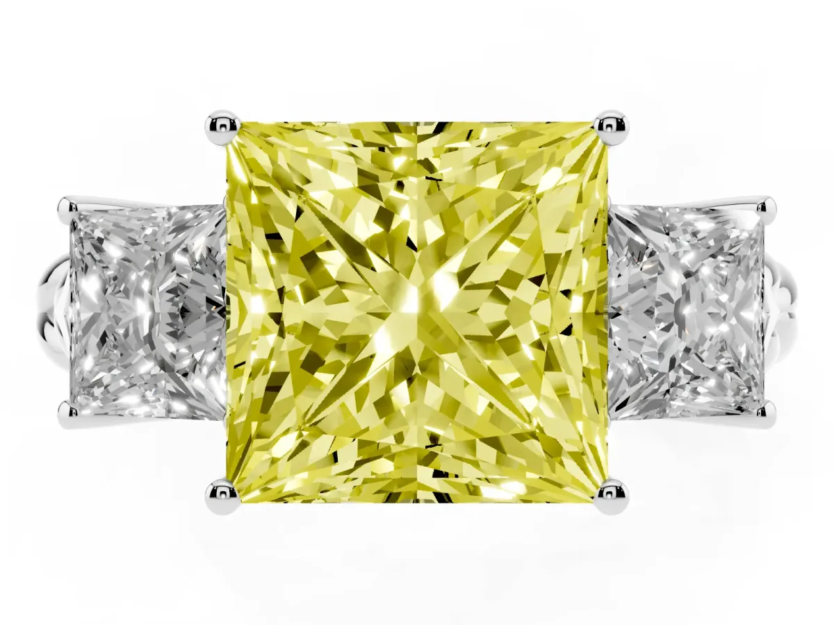 Fancy Yellow Three-Stone Princess Cut Diamond Braided Band Ring with Four-Prong Setting Silver