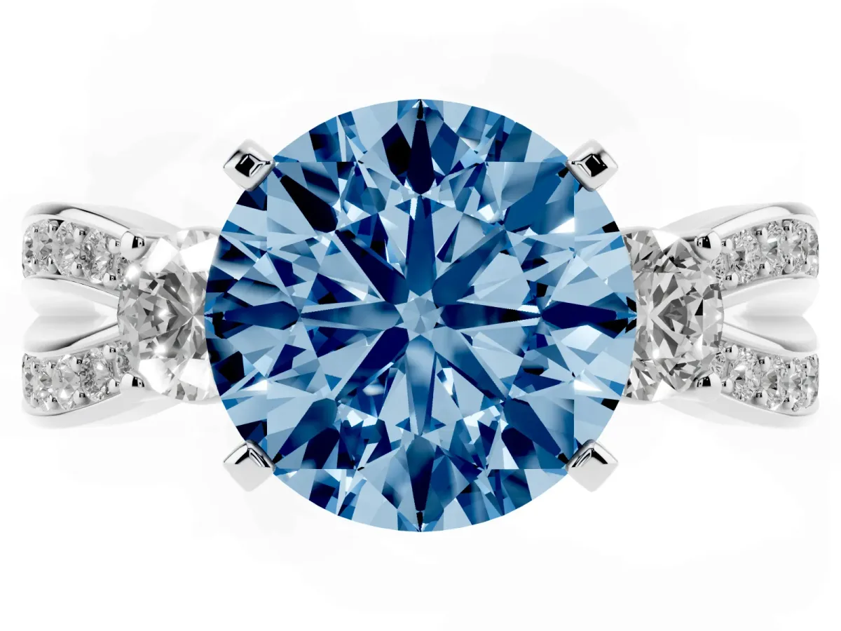 Fancy Blue Three-Stone Round Cut Cut Diamond Twist Band with Prong Setting Silver