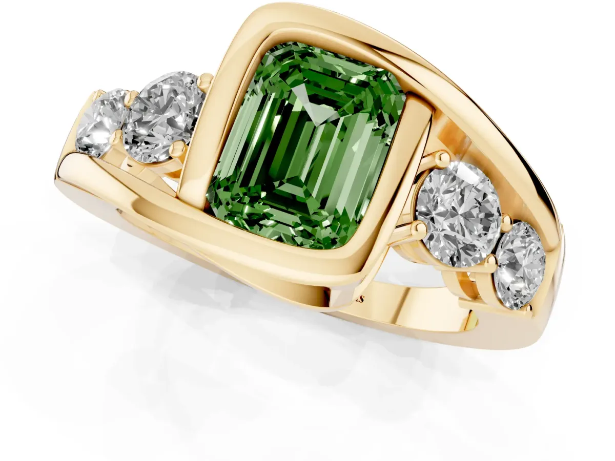 Fancy Green Bezel Set Emerald Cut Diamond Bypass Ring with Round Accents Yellow gold