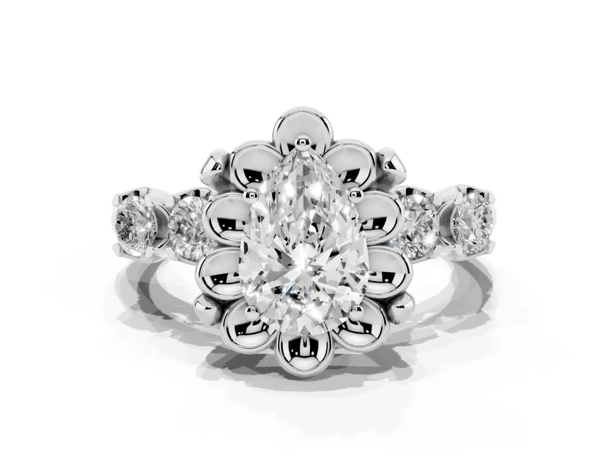 Pear Cut Cut Diamond Floral Halo Engagement Ring with Shared Prong Setting Silver