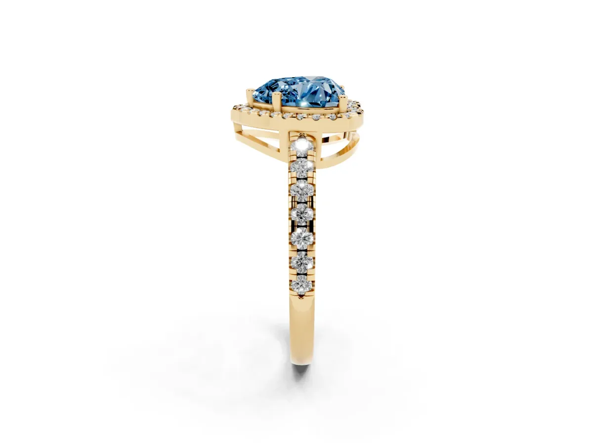Fancy Blue Heart Cut Diamond Halo Ring with Pavé Band and Four-Prong Setting Yellow gold