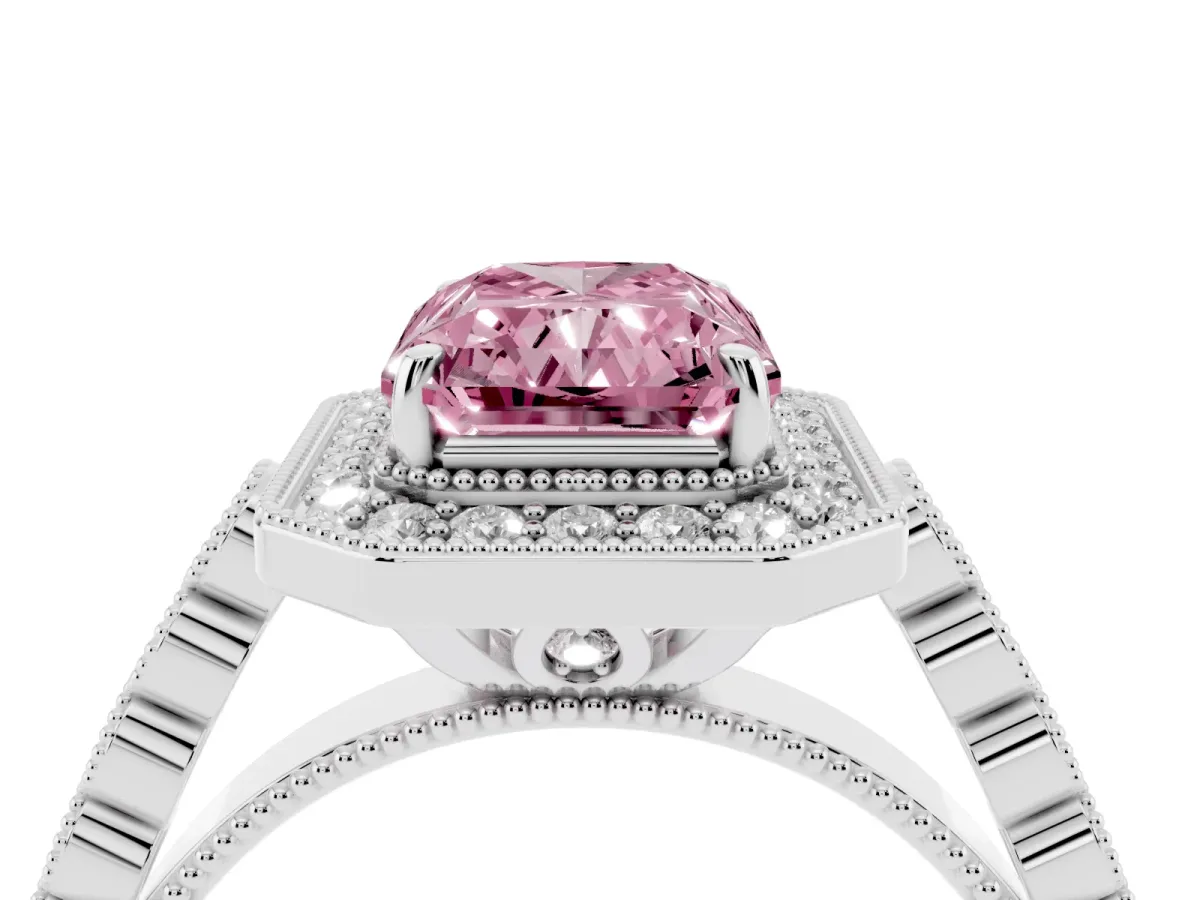Fancy Pink Radiant Cut Halo Milgrain Solitaire with Bezel Set Side Stones and Pave Band Platinum