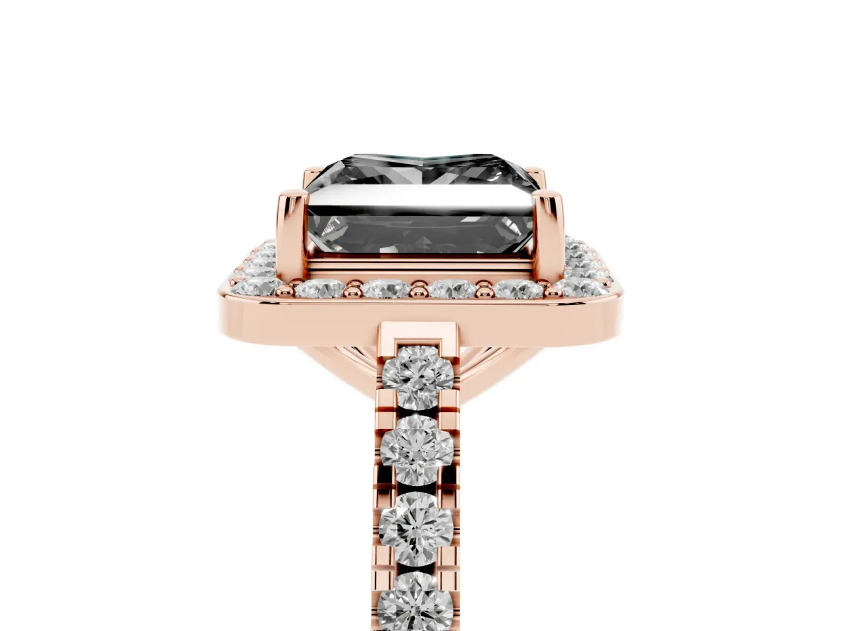 Fancy Black Princess Cut Diamond Halo Ring with Round Pavé Split Shank and Prong Setting Rose gold