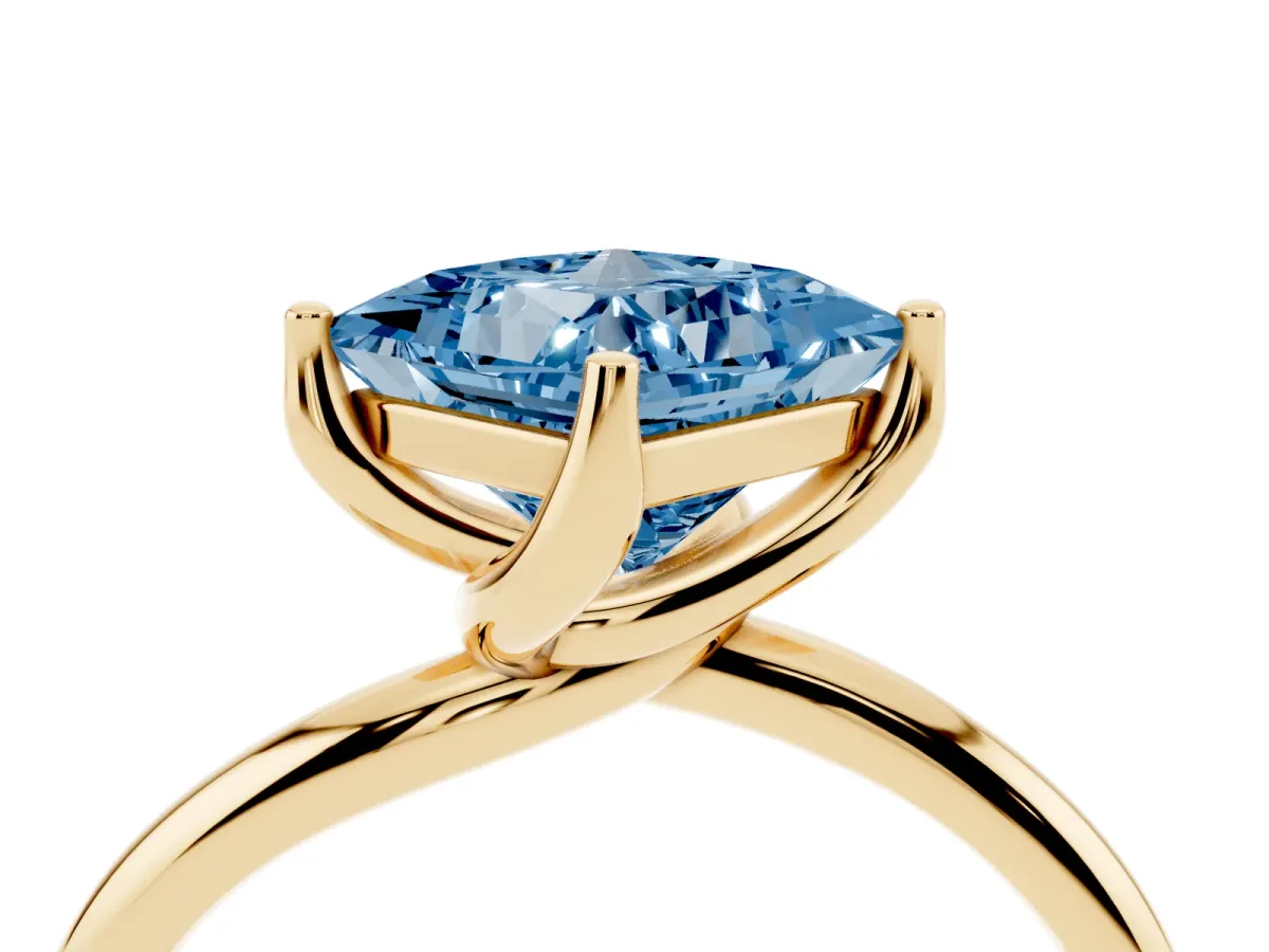 Fancy Blue Princess Cut Diamond Solitaire Engagement Ring with Four-Prong Setting and Classic Band Yellow gold