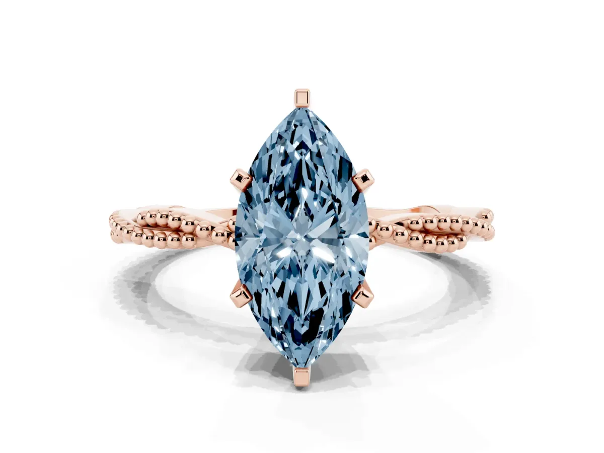 Fancy Blue Marquise Cut Solitaire Twisted Band with Bead Prong Setting Rose gold