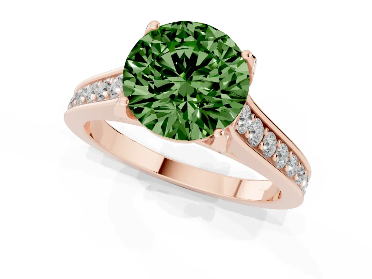 Fancy Green Round Cut Brilliant Cut Diamond Engagement Ring with Pavé Band and Four-Prong Setting Rose gold