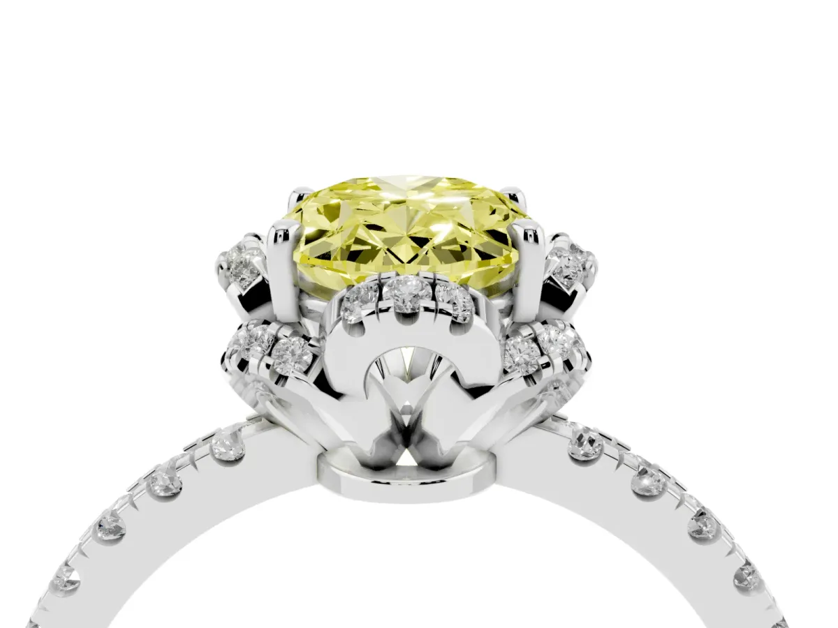 Fancy Yellow Oval Cut Halo Diamond Pave Band Ring with Four-Prong Setting Silver