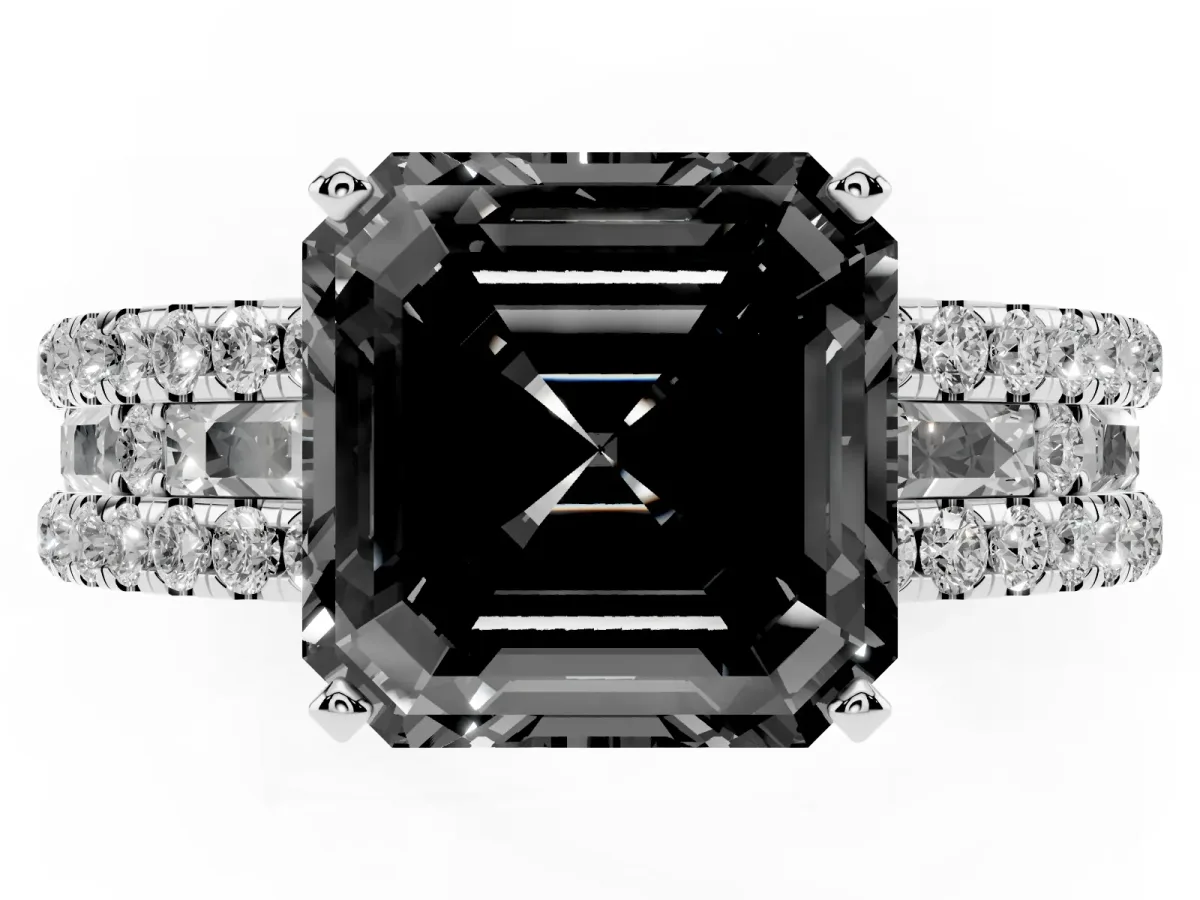 Fancy Black Asscher Cut Diamond Solitaire Ring with Pavé and Channel Set Band Silver