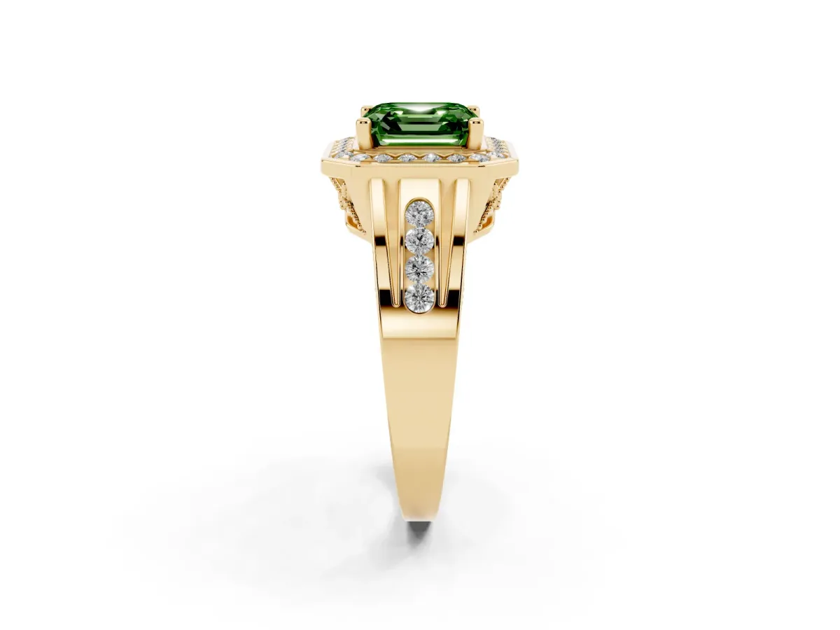 Fancy Green Asscher Cut Diamond Halo Ring with Split Shank and Bezel Accents and Prong Setting Yellow gold