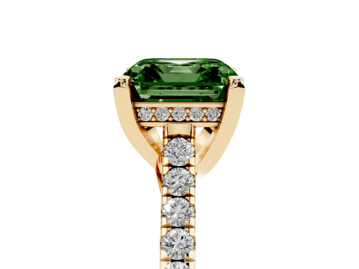Fancy Green Asscher Cut Brilliant Diamond Solitaire with Pavé Band and Four-Prong Setting Yellow gold