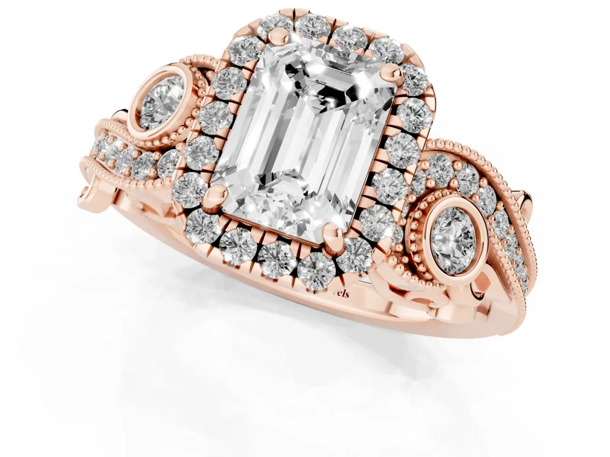 Emerald Cut Halo Diamond Ring with Milgrain and Bezel Accents on a Split Shank Band Rose gold