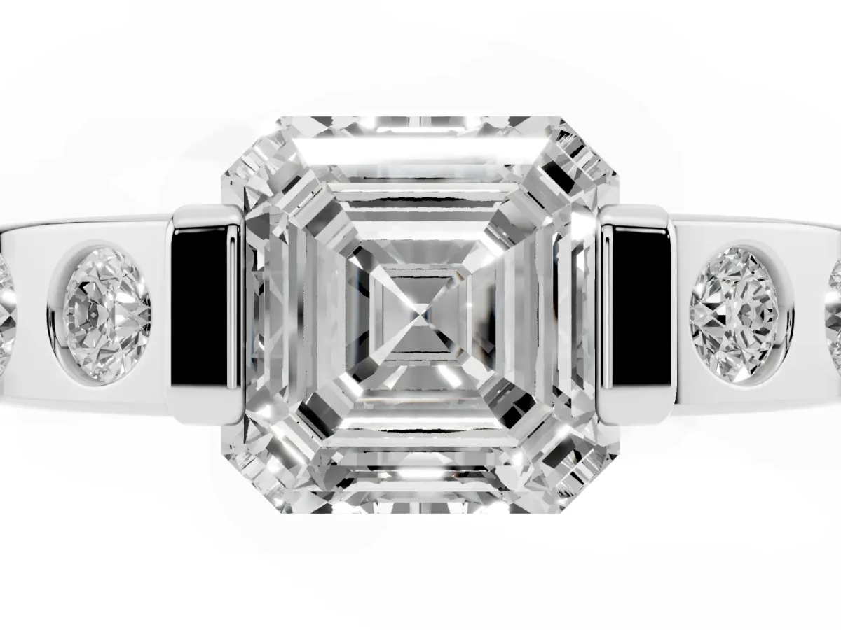 Asscher Cut Brilliant Channel-Set Diamond Ring with Bezel Prong Setting Silver