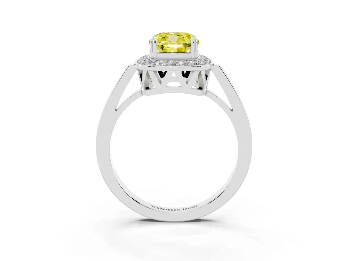 Fancy Yellow Cushion Cut Diamond Halo Ring with Split Shank and Four-Prong Setting Platinum