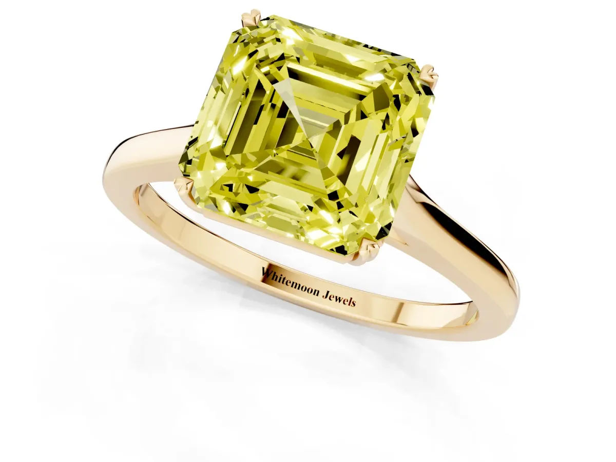 Fancy Yellow Asscher Cut Solitaire Heart Prong Engagement Ring with Tapered Band Yellow gold