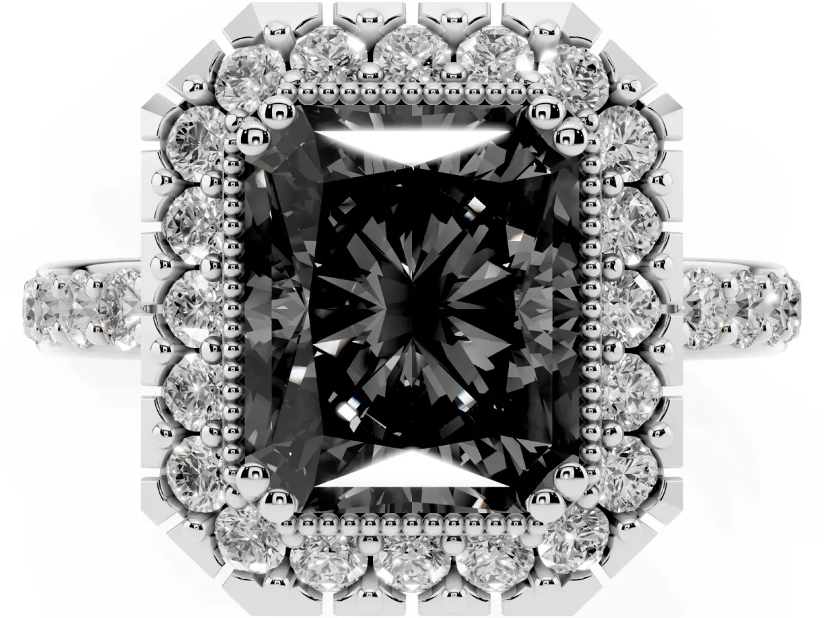 Fancy Black Radiant Cut Diamond Halo Ring with Pavé Band and Prong Setting Platinum