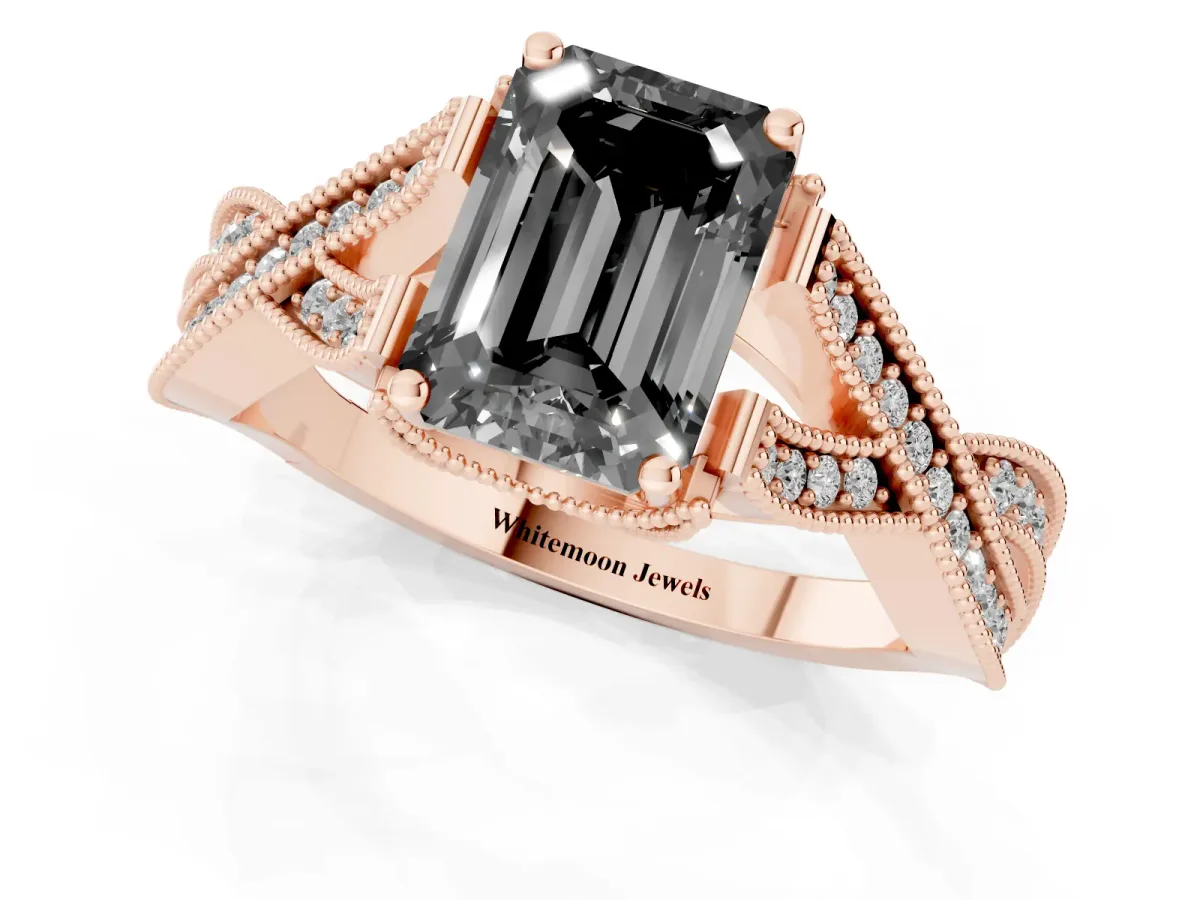 Fancy Black Emerald Cut Cut Diamond Twisted Band with Milgrain Pave Setting and Four-Prong Setting Rose gold