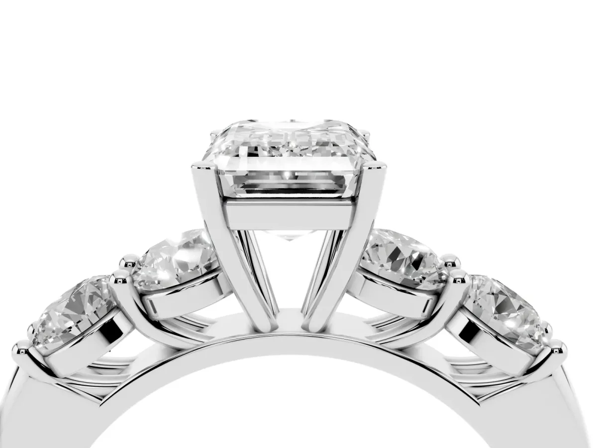 Emerald Cut Cut Five-Stone Prong Set Diamond Ring with Classic Band Silver