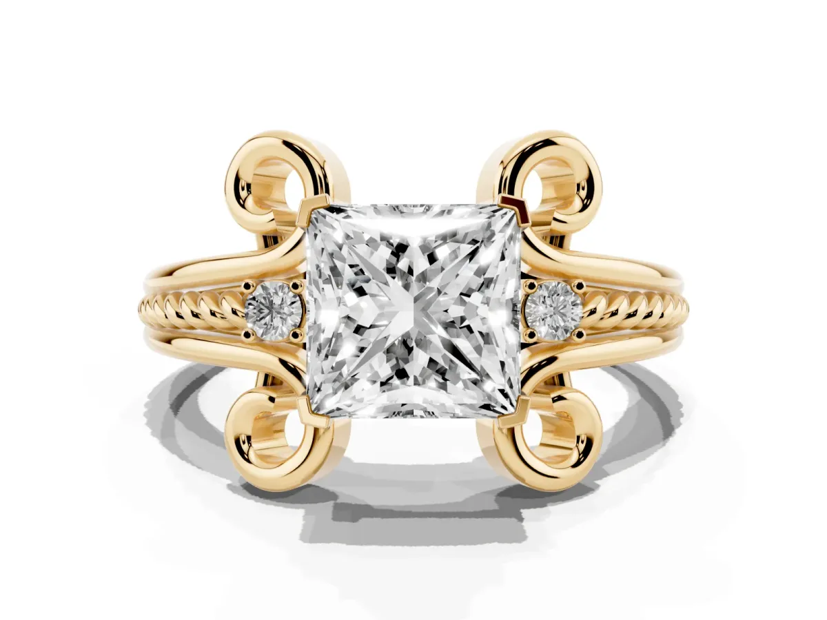 Princess Cut Solitaire Twisted Band Scroll Prong Ring Yellow gold