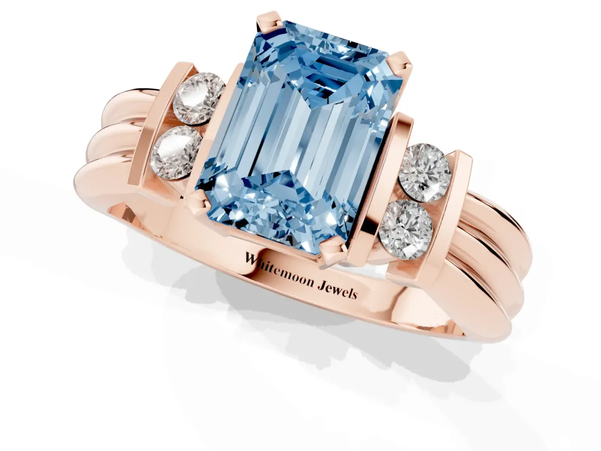 Fancy Blue Emerald Cut Cut Three-Stone Channel Set Ring with Bar Prongs Rose gold