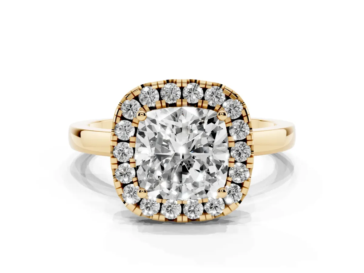 Cushion Cut Halo Diamond Solitaire with Pavé Band and Four-Prong Setting Yellow gold