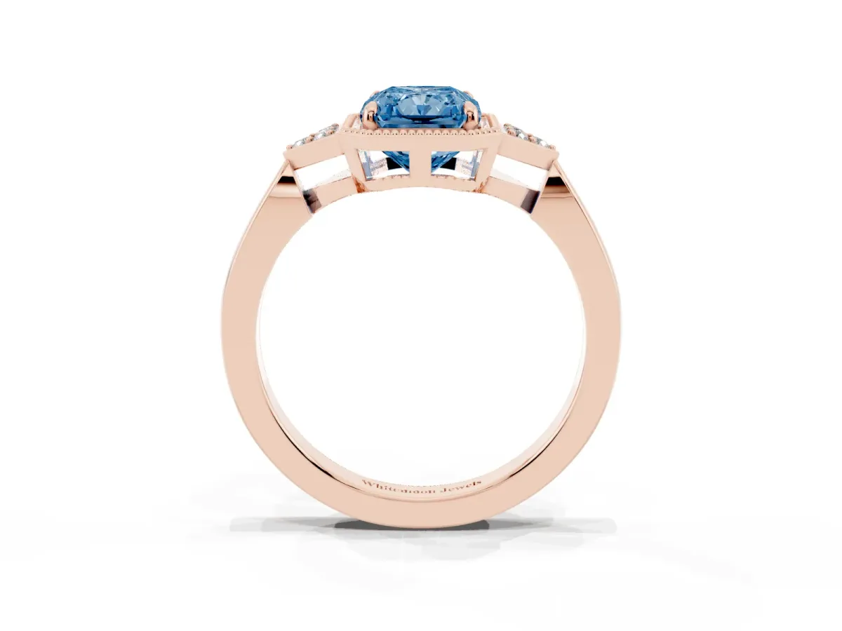 Fancy Blue Hexagonal Halo Radiant Cut Diamond Solitaire with Pavé Band and Four-Prong Setting Rose gold