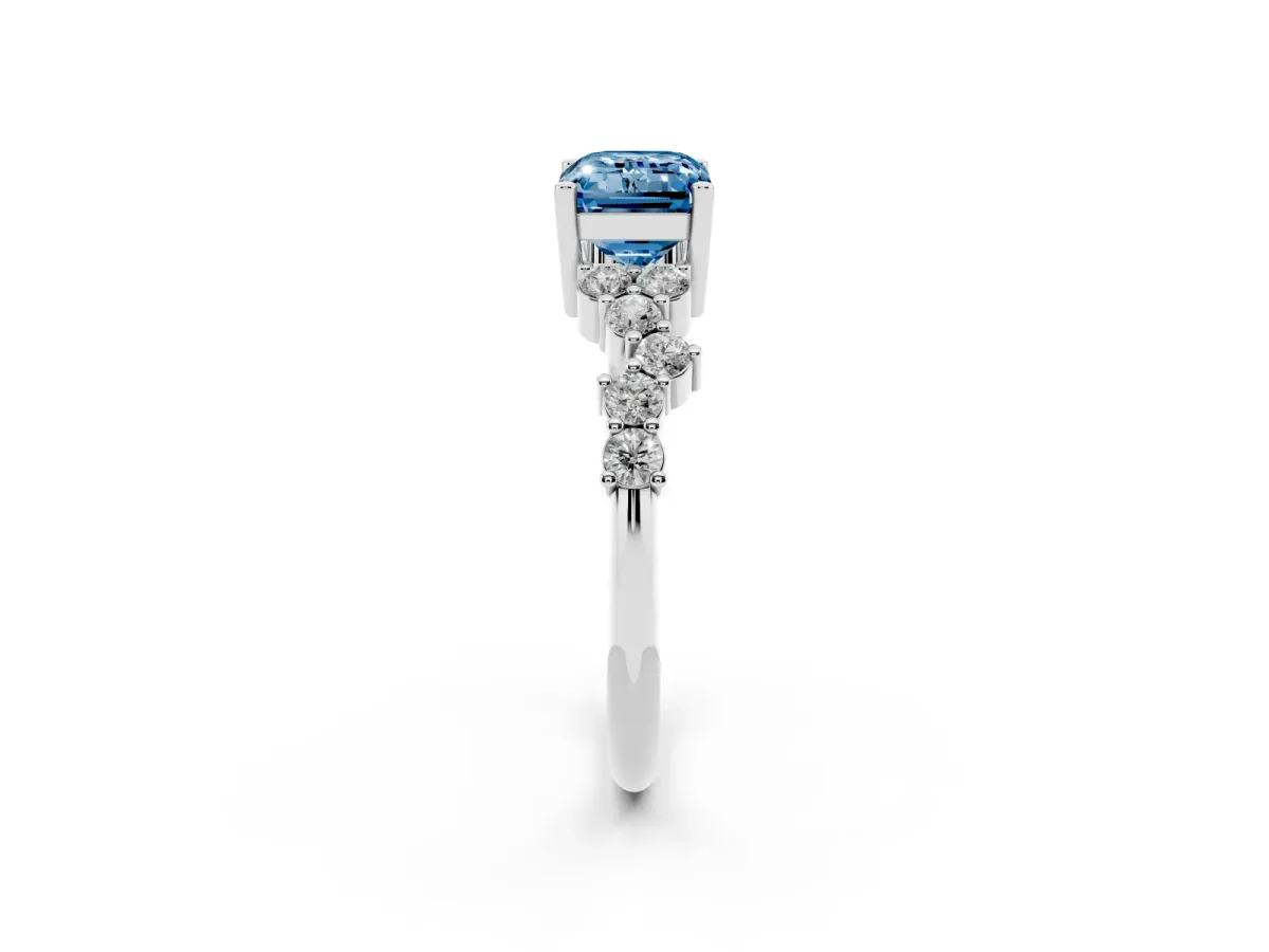 Fancy Blue Emerald Cut Diamond Scattered Round Accent Ring with Prong Setting Silver