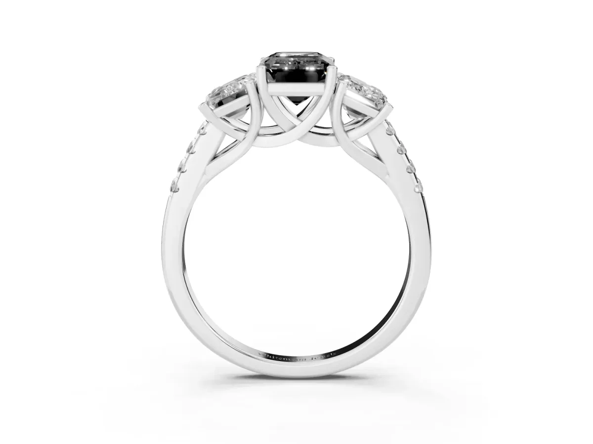 Fancy Black Three-Stone Emerald Cut Diamond Ring with Round Pavé Band and Prong Setting Silver