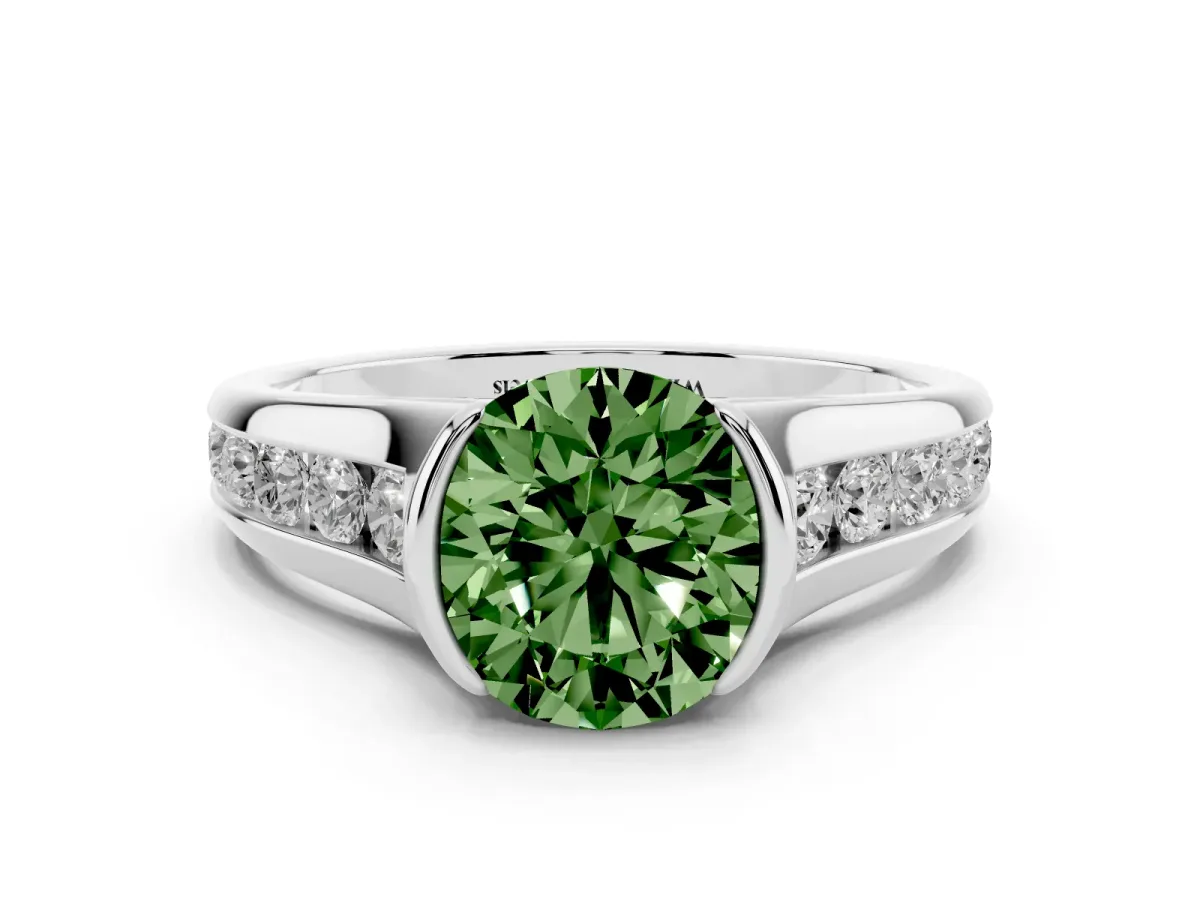 Fancy Green Round Cut Solitaire Bezel-Set Diamond Ring with Channel-Set Band Platinum