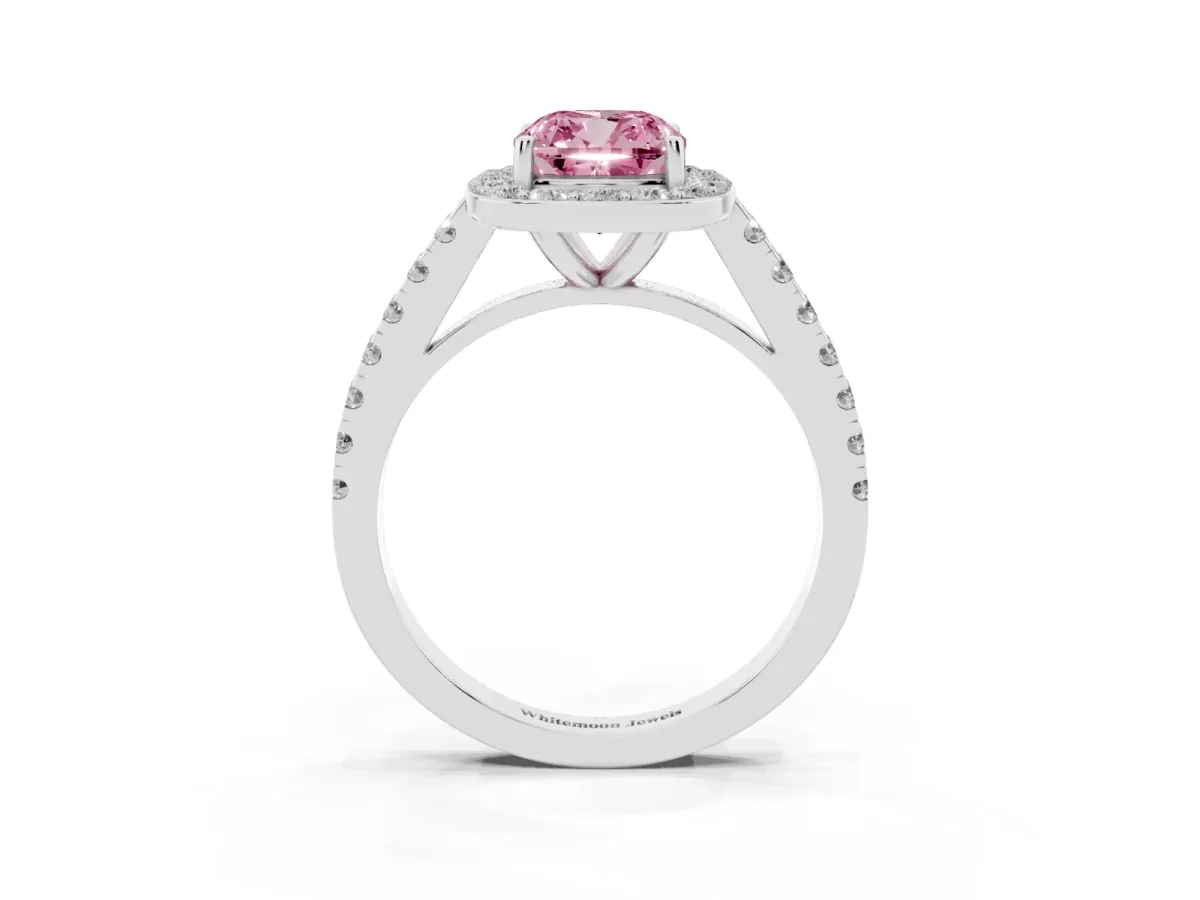 Fancy Pink Cushion Cut Diamond Halo Ring with Round Pavé Split Shank and Prong Setting Silver