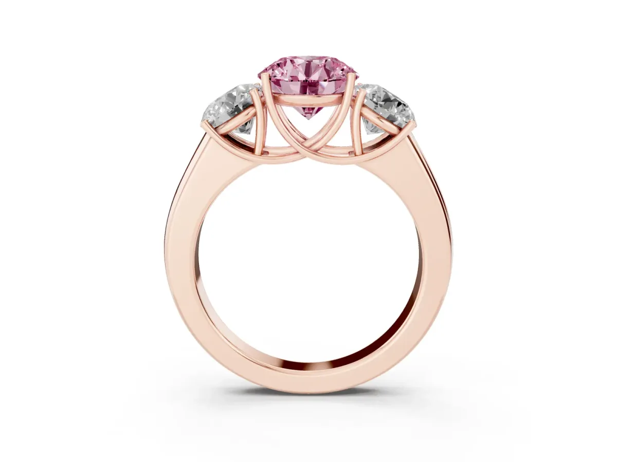 Fancy Pink Three-Stone Round Cut Cut Diamond Ring with Prong Setting and Classic Band Rose gold