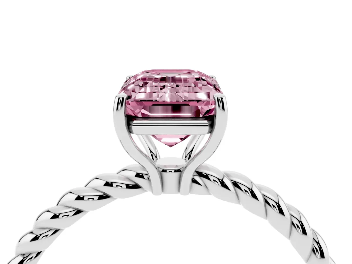 Fancy Pink Emerald Cut Solitaire Twisted Band 4-Prong Ring Silver