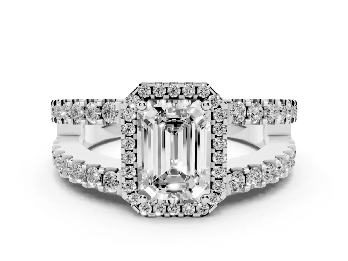 Emerald Cut Cut Halo Split Shank Diamond Ring with Four-Prong Setting Platinum