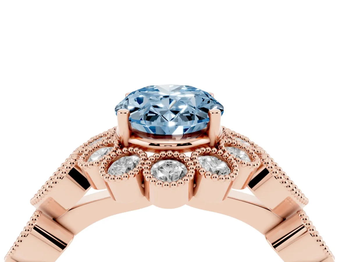 Fancy Blue Oval Cut Brilliant Milgrain Pave Heart Band Solitaire Ring Rose gold