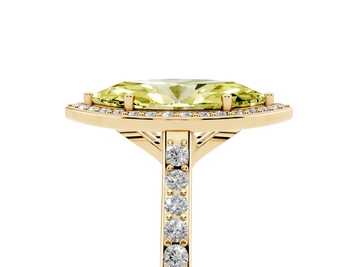 Fancy Yellow Marquise Cut Diamond Halo Engagement Ring with Round Pavé Shoulders and Prong Setting Yellow gold