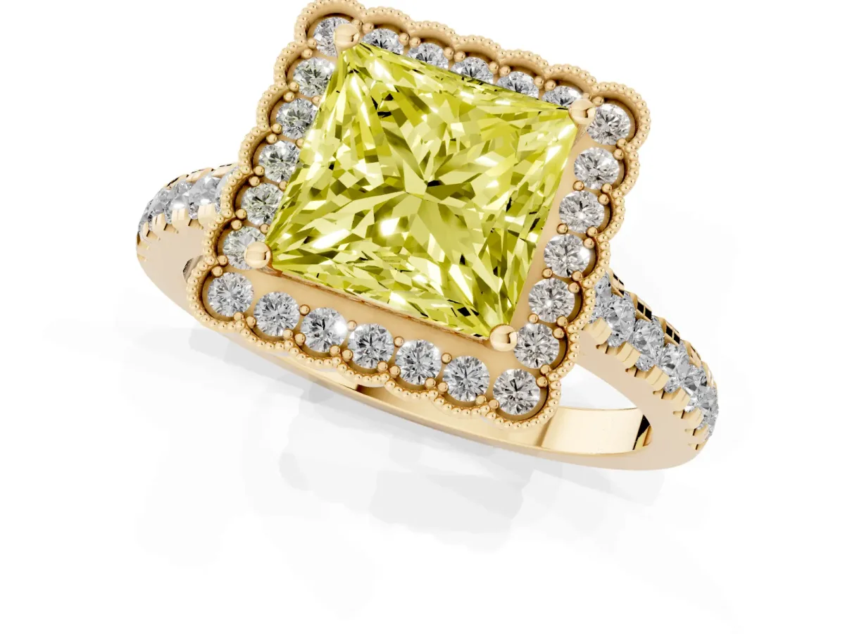 Fancy Yellow Princess Cut Cut Diamond Milgrain Floral Halo Engagement Ring with Pavé Band Yellow gold
