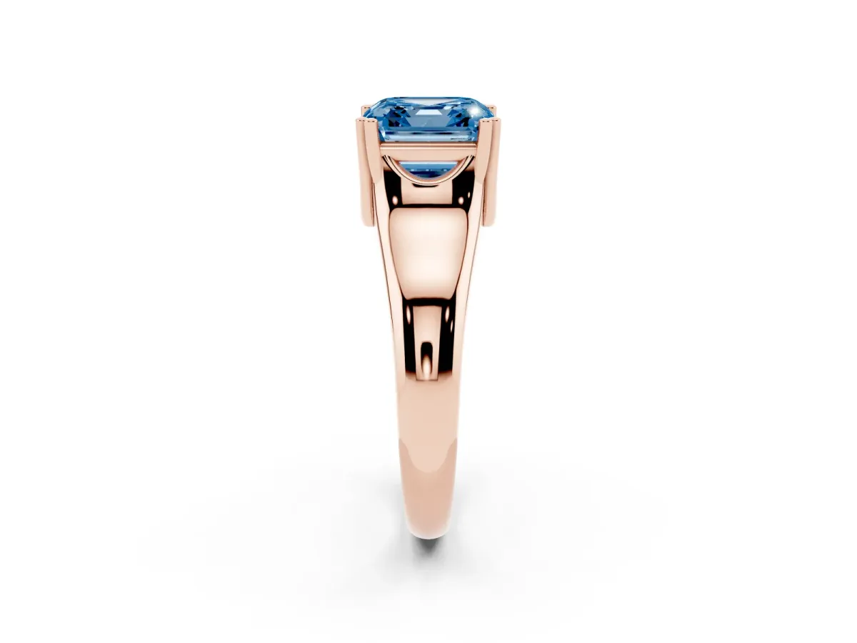 Fancy Blue Asscher Cut Diamond Solitaire Ring with Wide Band and Prong Setting Rose gold