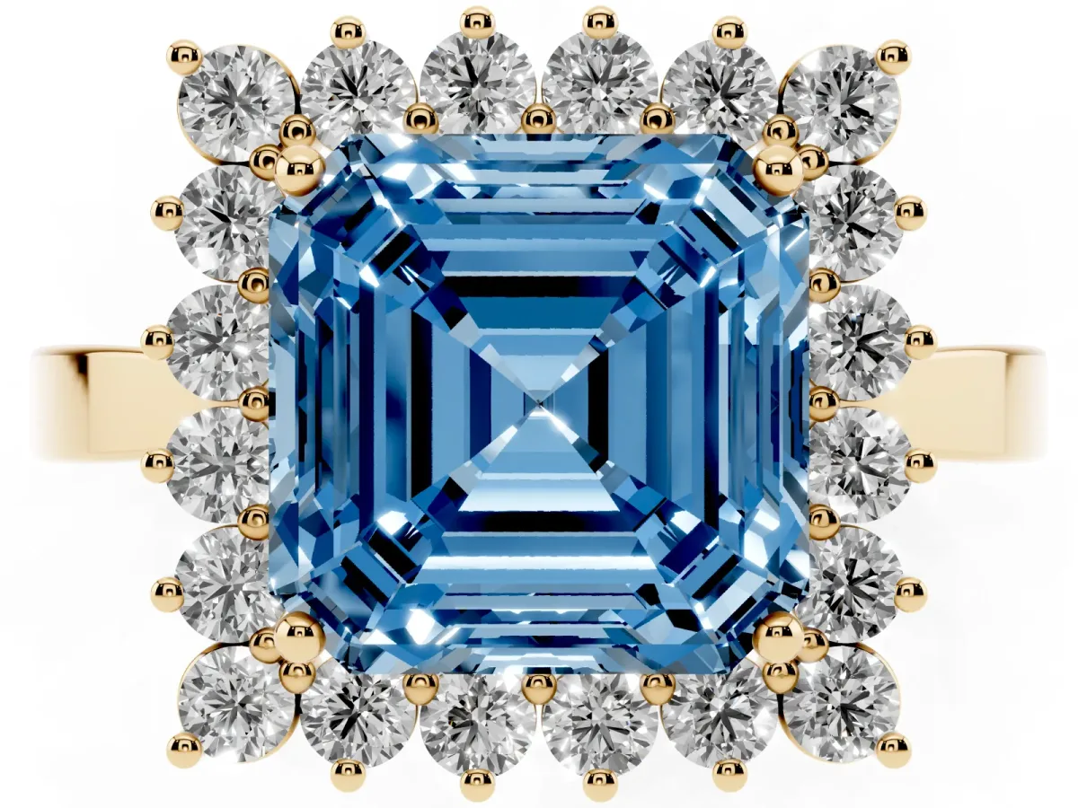 Fancy Blue Asscher Cut Cut Diamond Halo Ring with Round Brilliant Halo and Solitaire Band Yellow gold