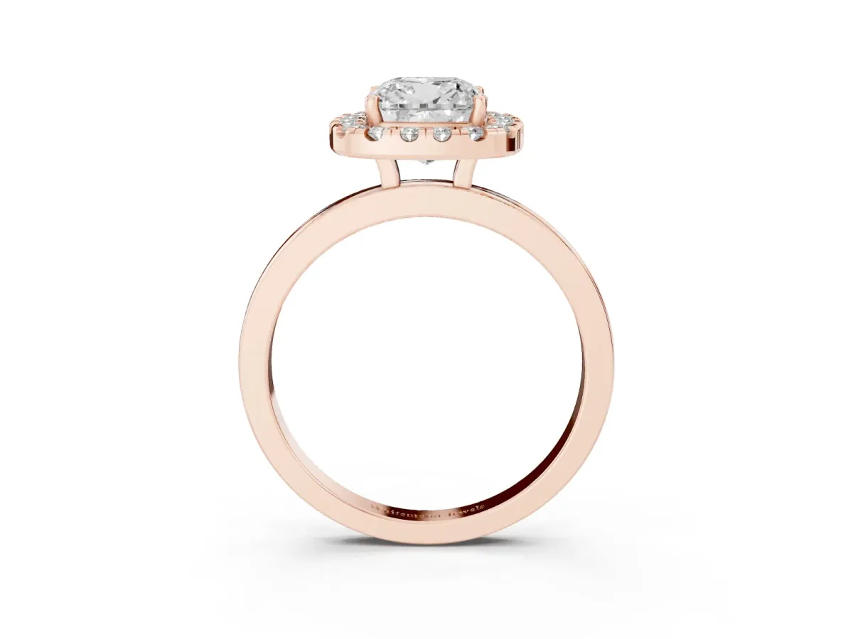 Cushion Cut Halo Diamond Solitaire with Pavé Band and Four-Prong Setting Rose gold