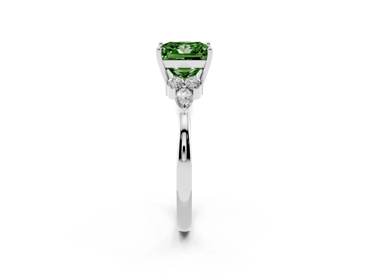 Fancy Green Princess Cut Brilliant Diamond Solitaire Ring with Pear Side Stones and Four-Prong Setting Silver