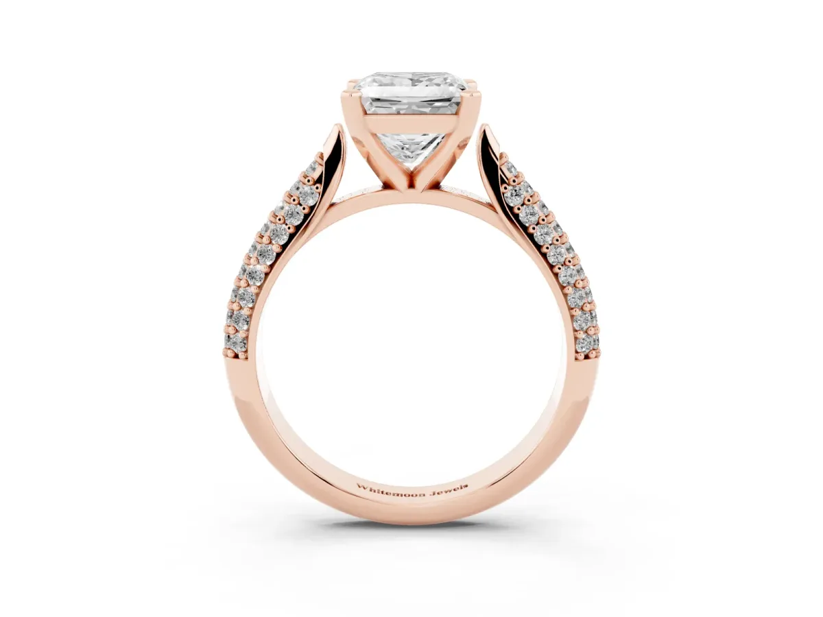 Princess Cut Diamond Solitaire Engagement Ring with Multi-Row Round Pavé Band and Prong Setting Rose gold