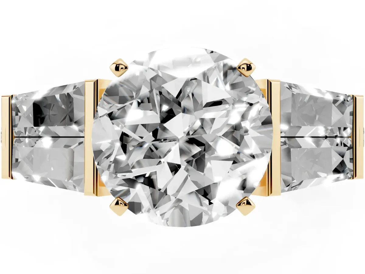 Round Cut Diamond Engagement Ring with Baguette Side Stones and Channel Set Band Yellow gold