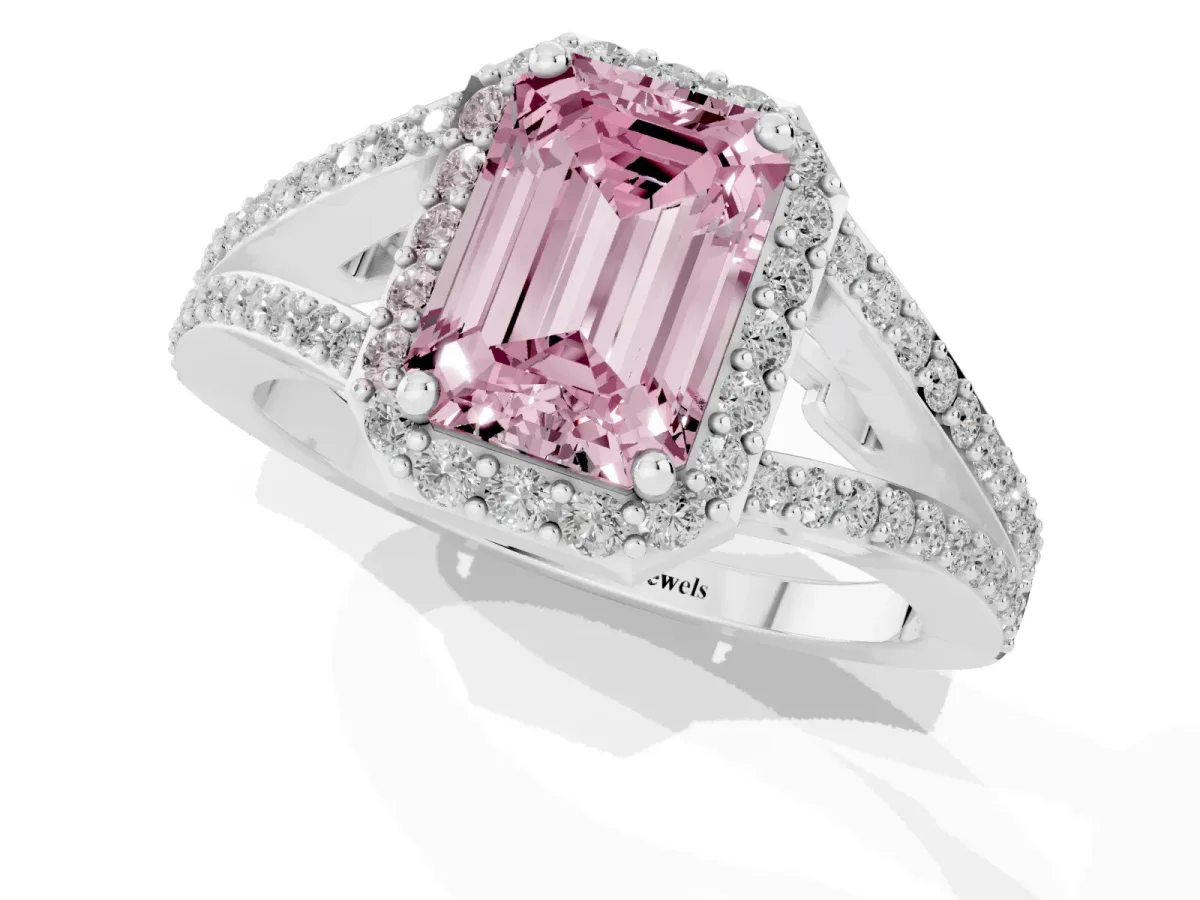 Fancy Pink Emerald Cut Halo Split Shank Diamond Ring with Prong Setting Platinum
