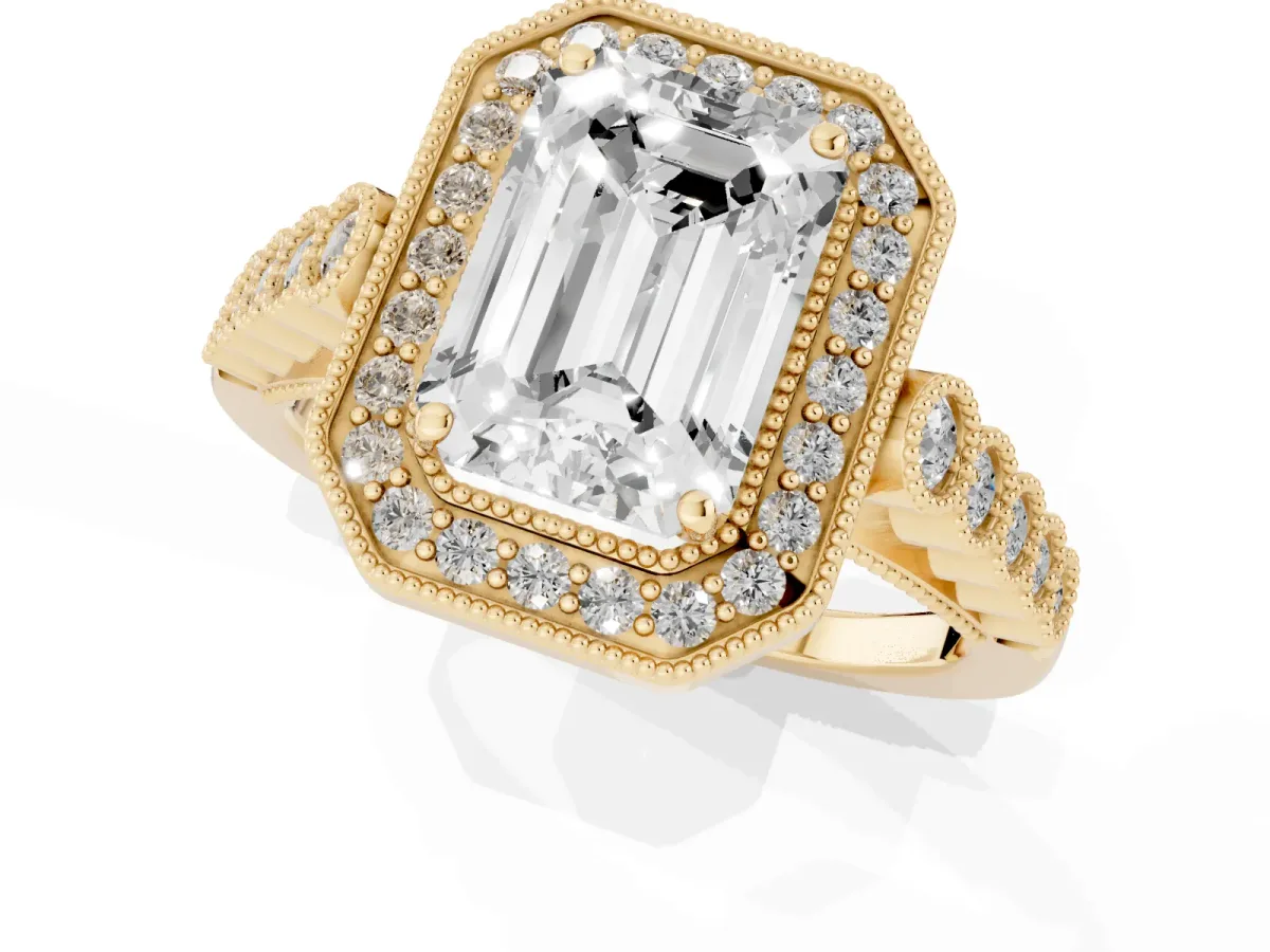 Emerald Cut Halo Milgrain Solitaire with Bezel Set Side Stones and Pave Band Yellow gold